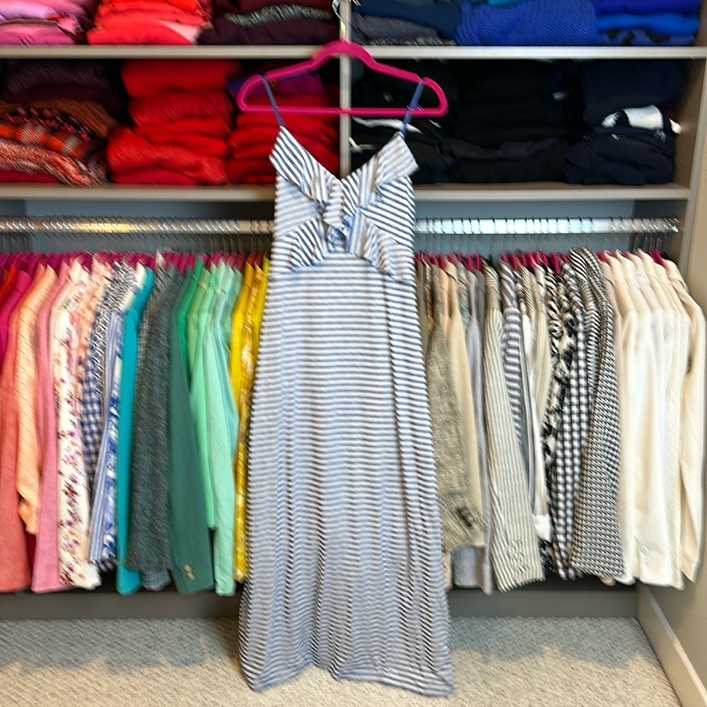 Max Studio blue and white striped sleeveless v neck maxi dress size S